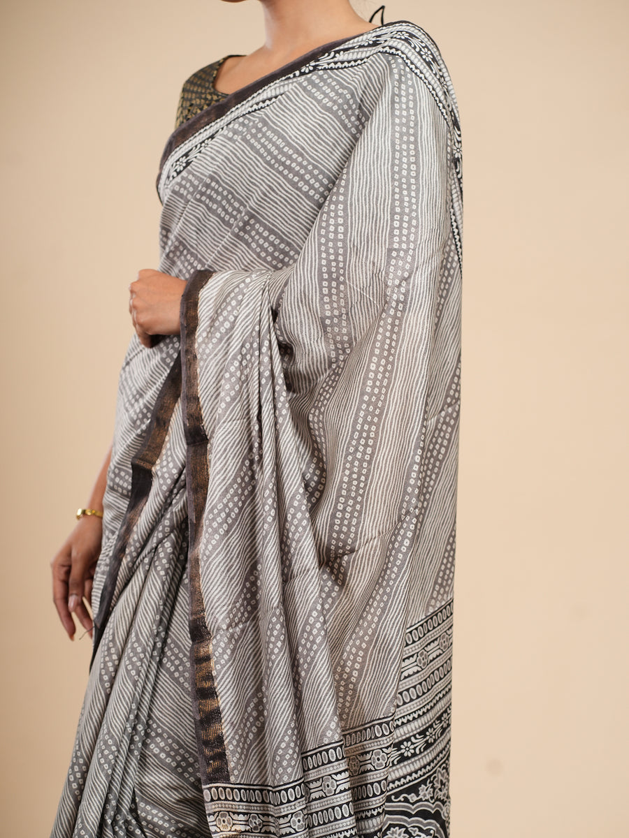 Silver grey Modal Bandhni-print saree, styled view – Koshnika