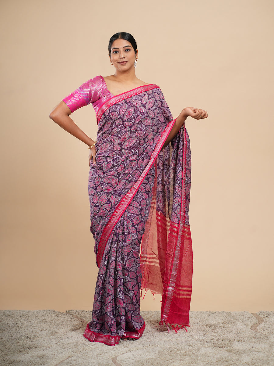Magenta soft silk leaf-print saree – Koshnika