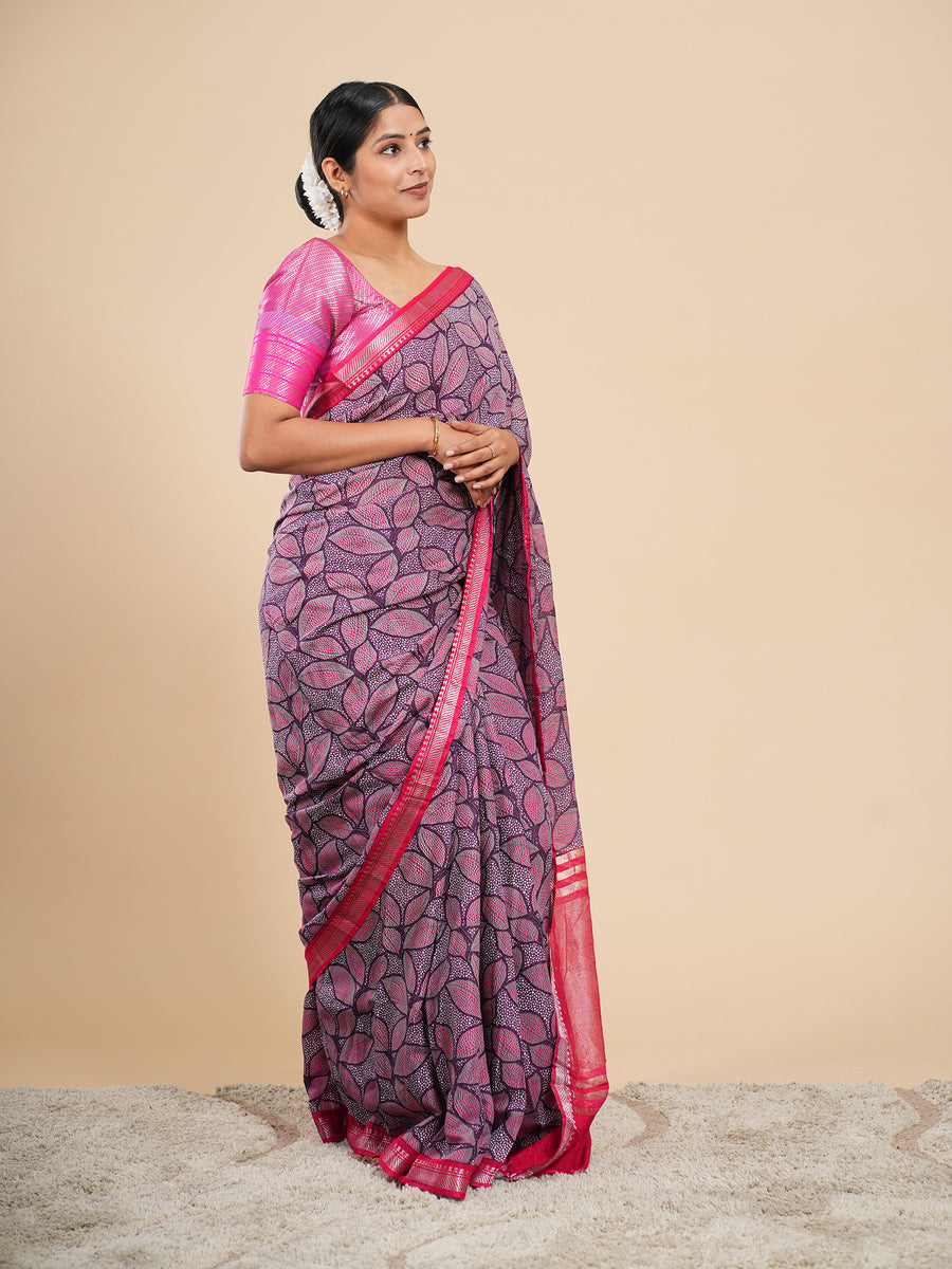 Magenta soft silk leaf-print saree, border detail – Koshnika