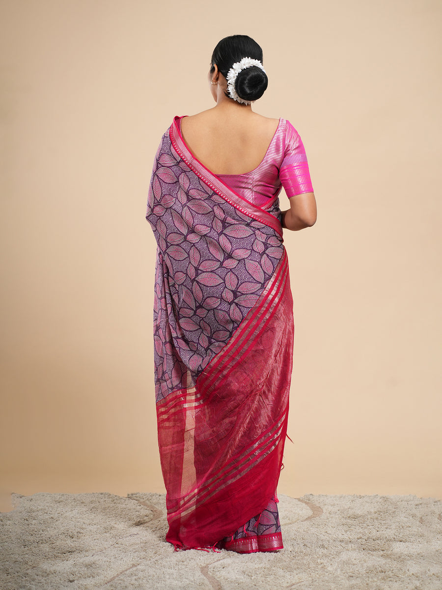 Magenta soft silk leaf-print saree, drape and fall – Koshnika