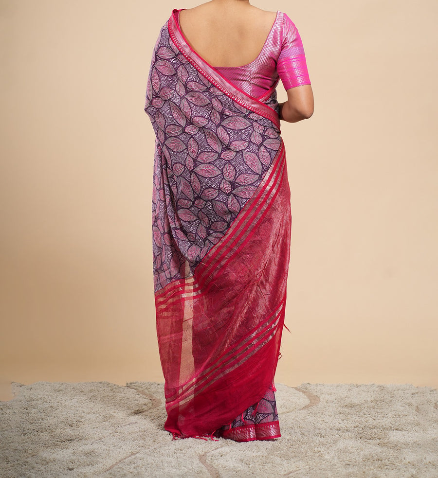 Magenta soft silk leaf-print saree, leaf print close-up – Koshnika