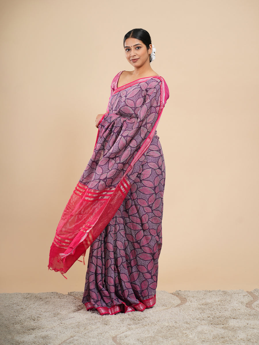 Magenta soft silk leaf-print saree, full-length drape – Koshnika