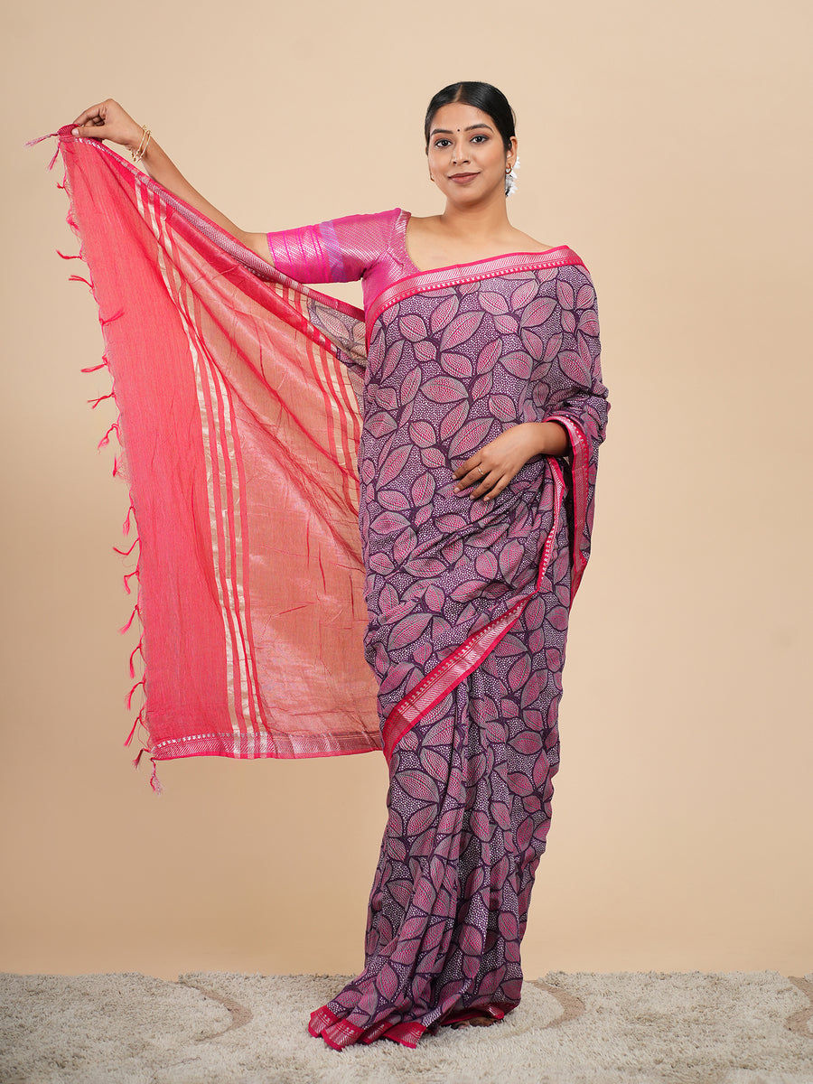Magenta soft silk leaf-print saree, pallu detail – Koshnika
