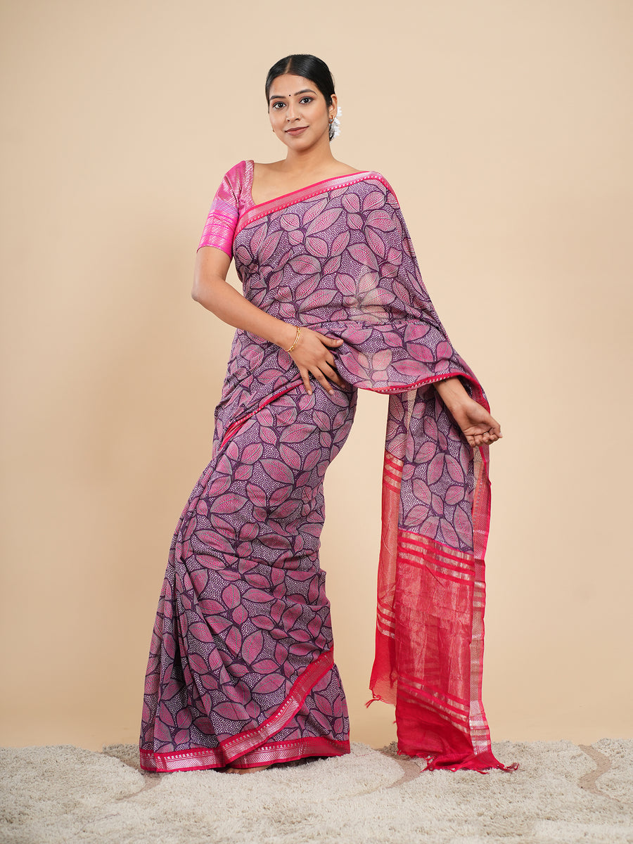 Magenta soft silk leaf-print saree, fabric texture close-up – Koshnika