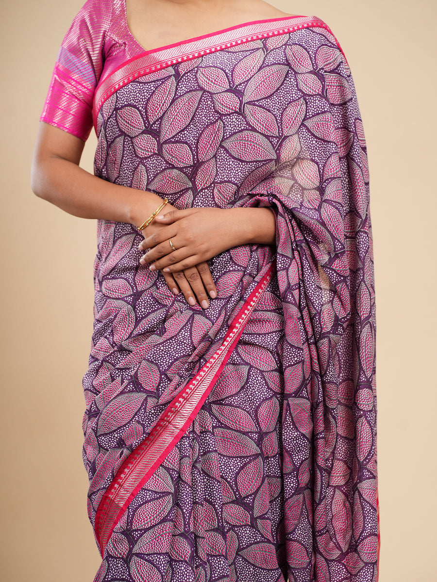 Magenta soft silk leaf-print saree, styled view – Koshnika