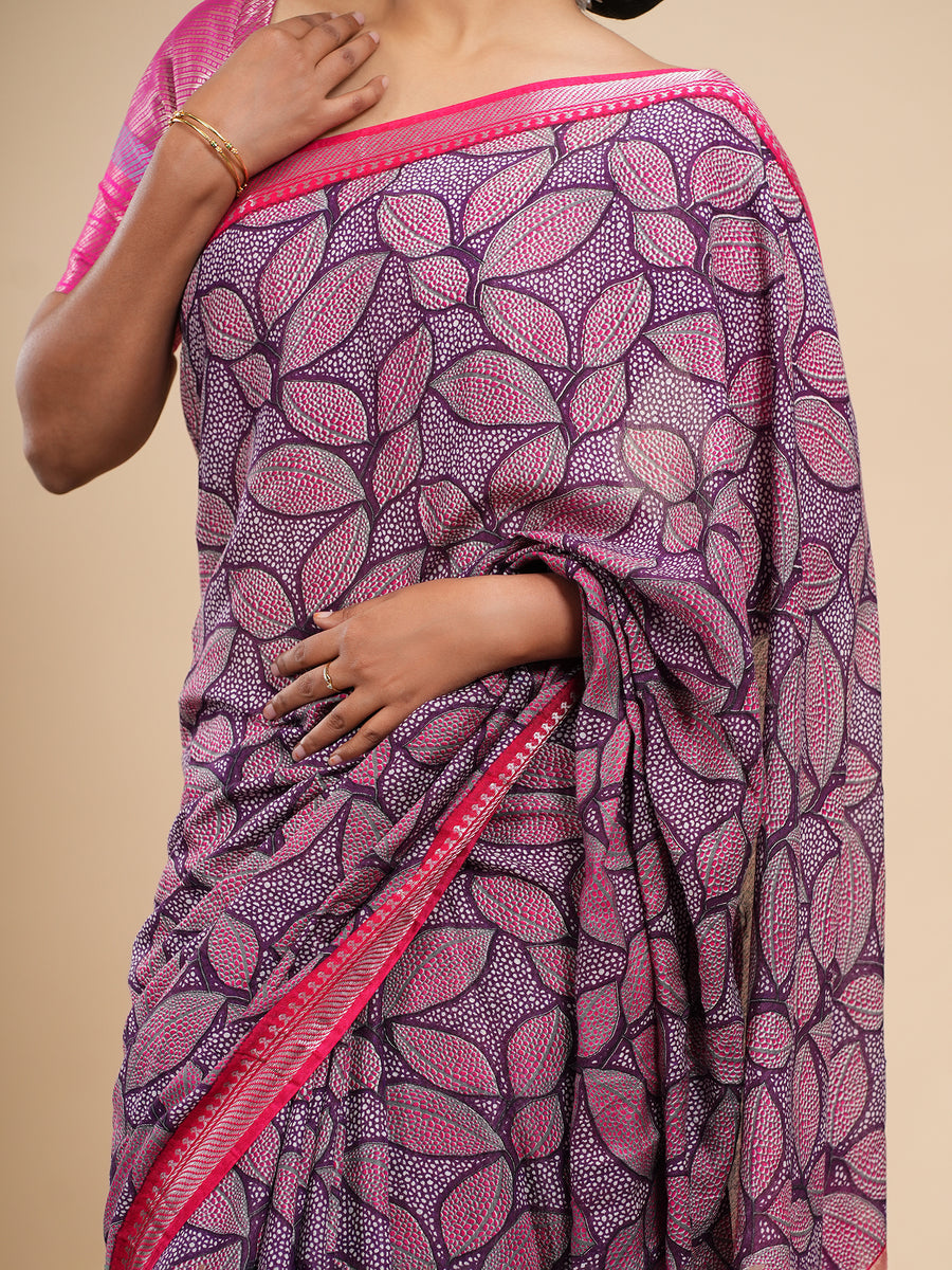 Magenta soft silk leaf-print saree, back view – Koshnika