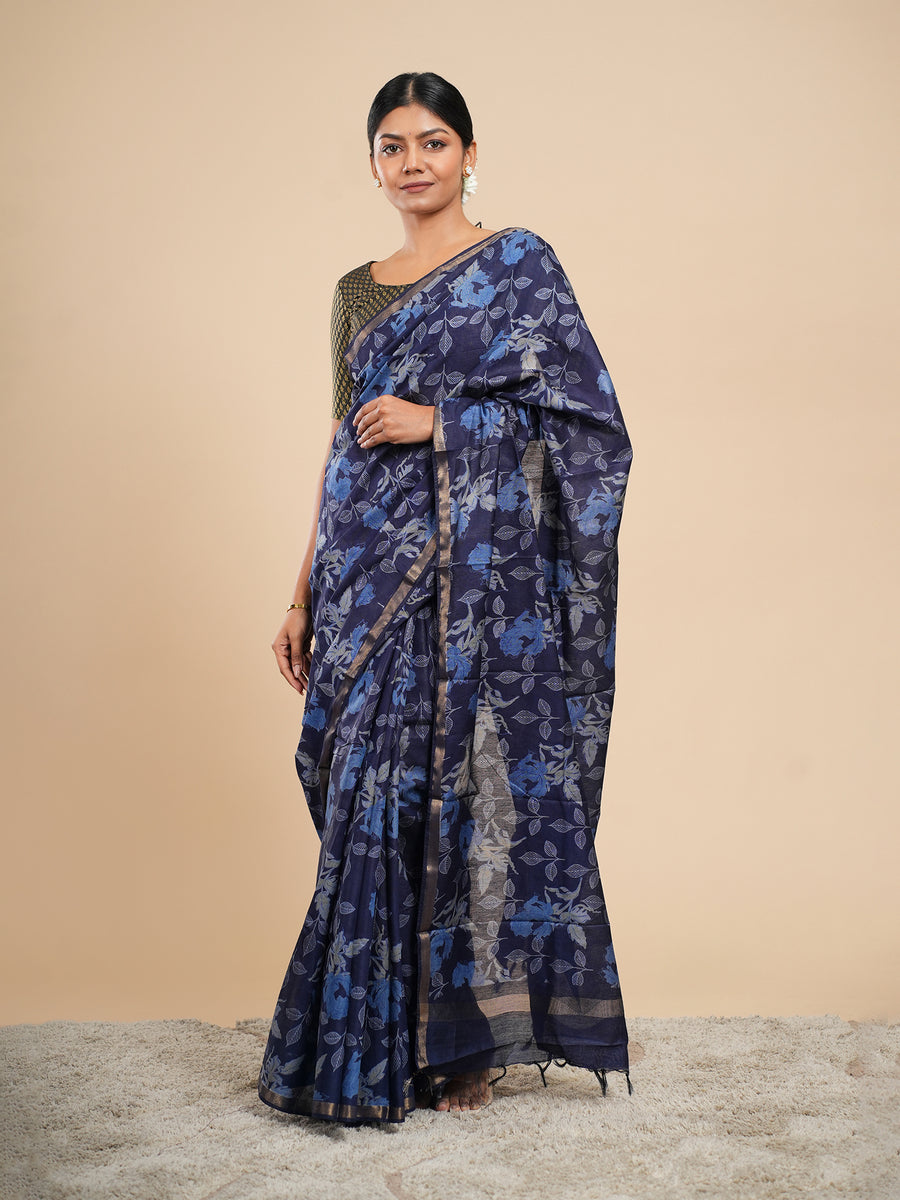 Midnight blue Chanderi block-print saree – Koshnika