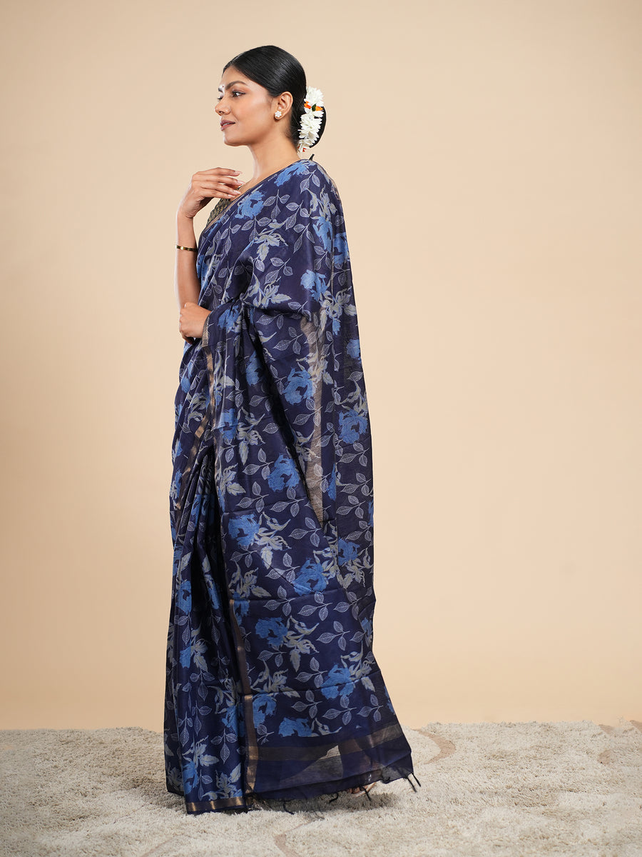 Midnight blue Chanderi block-print saree, border detail – Koshnika