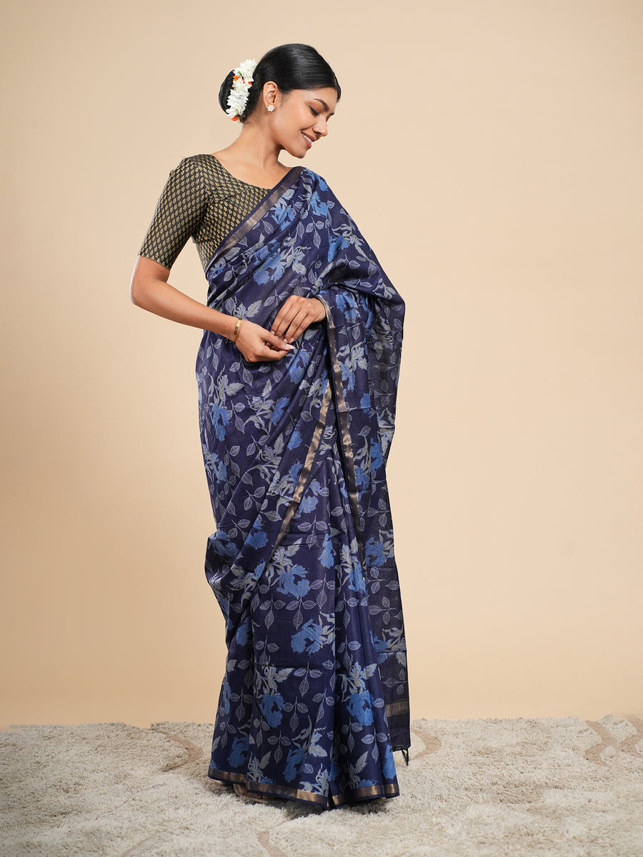 Midnight blue Chanderi block-print saree, drape and fall – Koshnika