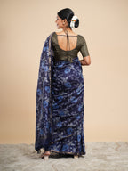Midnight Blue Viscose Chanderi Block Print Saree