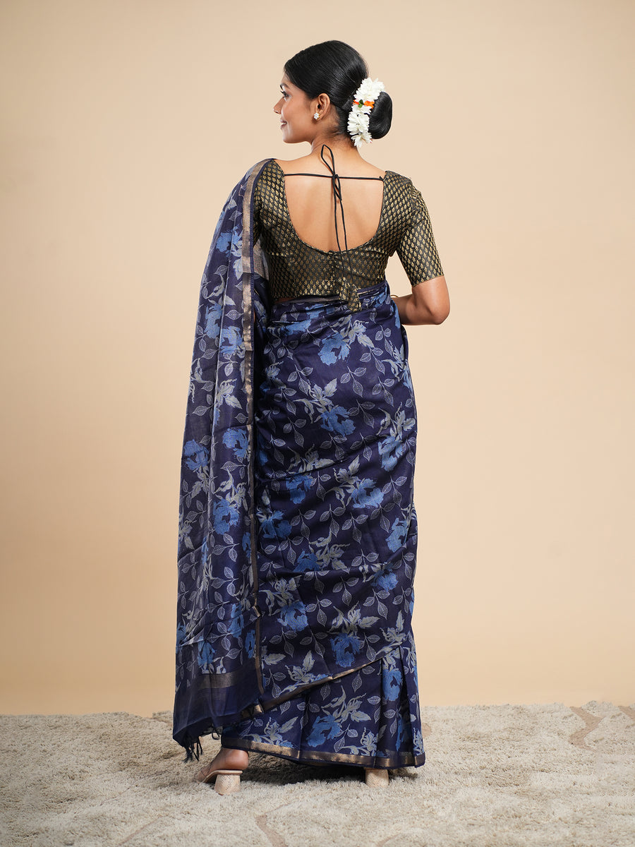 Midnight blue Chanderi block-print saree, block motif close-up – Koshnika