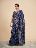 Midnight Blue Viscose Chanderi Block Print Saree