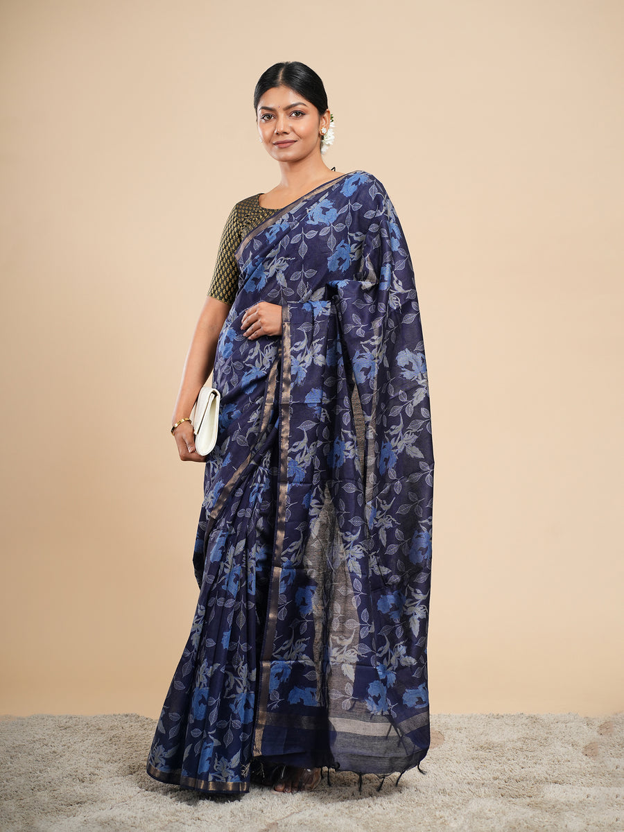 Midnight blue Chanderi block-print saree, full-length drape – Koshnika
