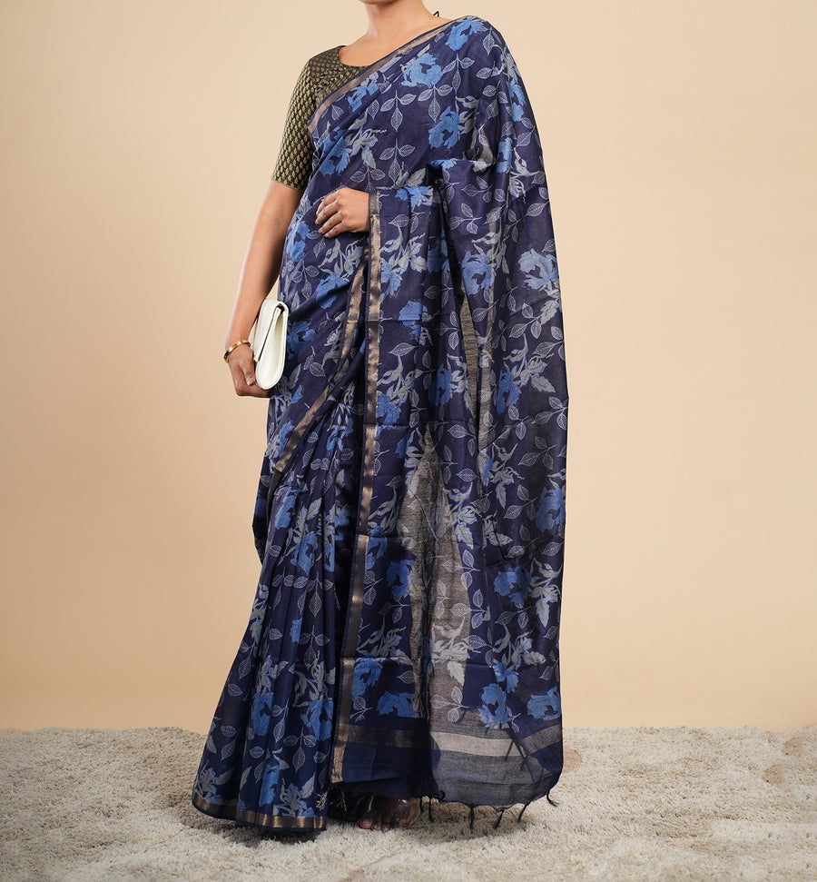 Midnight blue Chanderi block-print saree, pallu detail – Koshnika