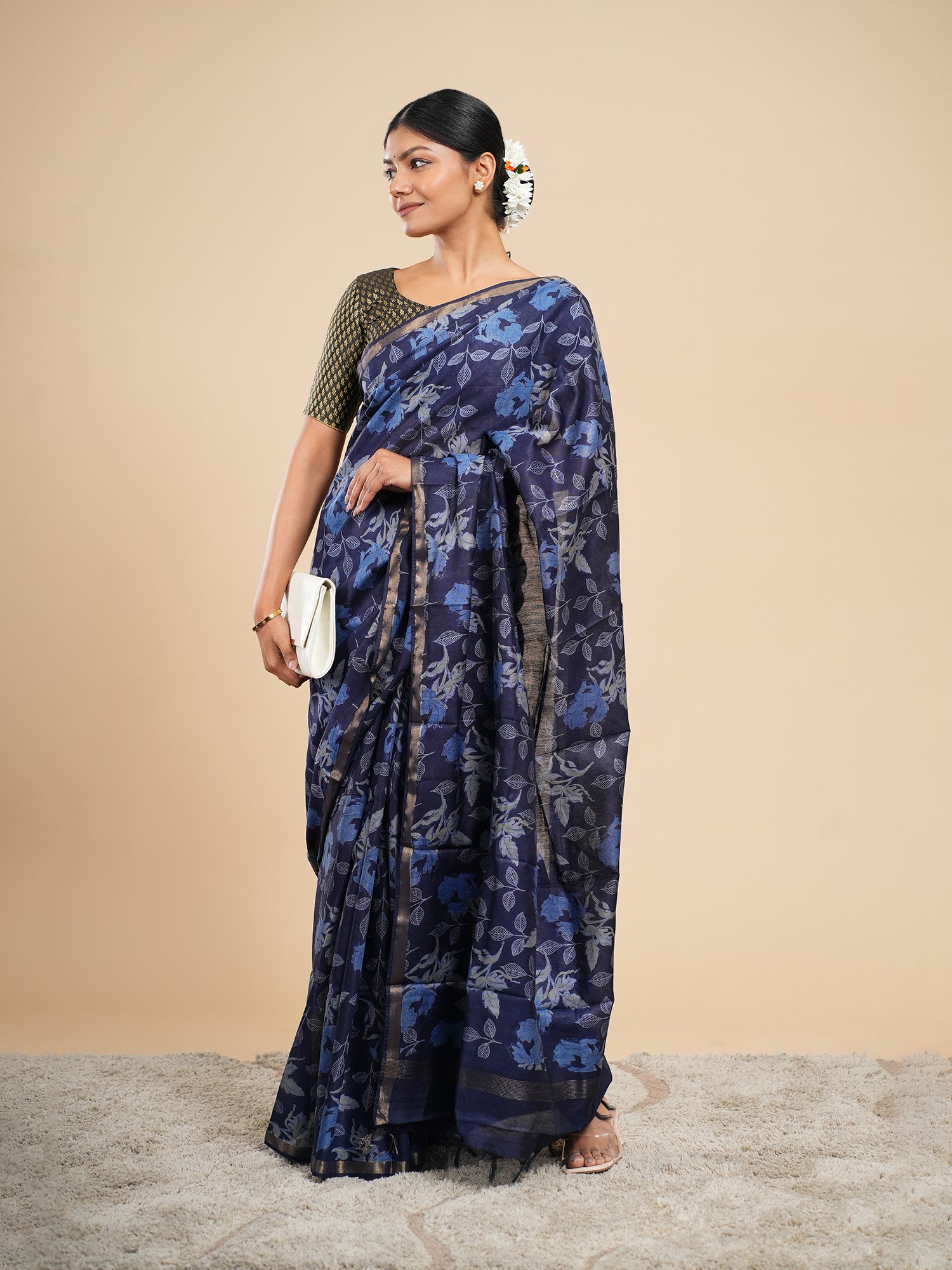 Midnight Blue Viscose Chanderi Block Print Saree