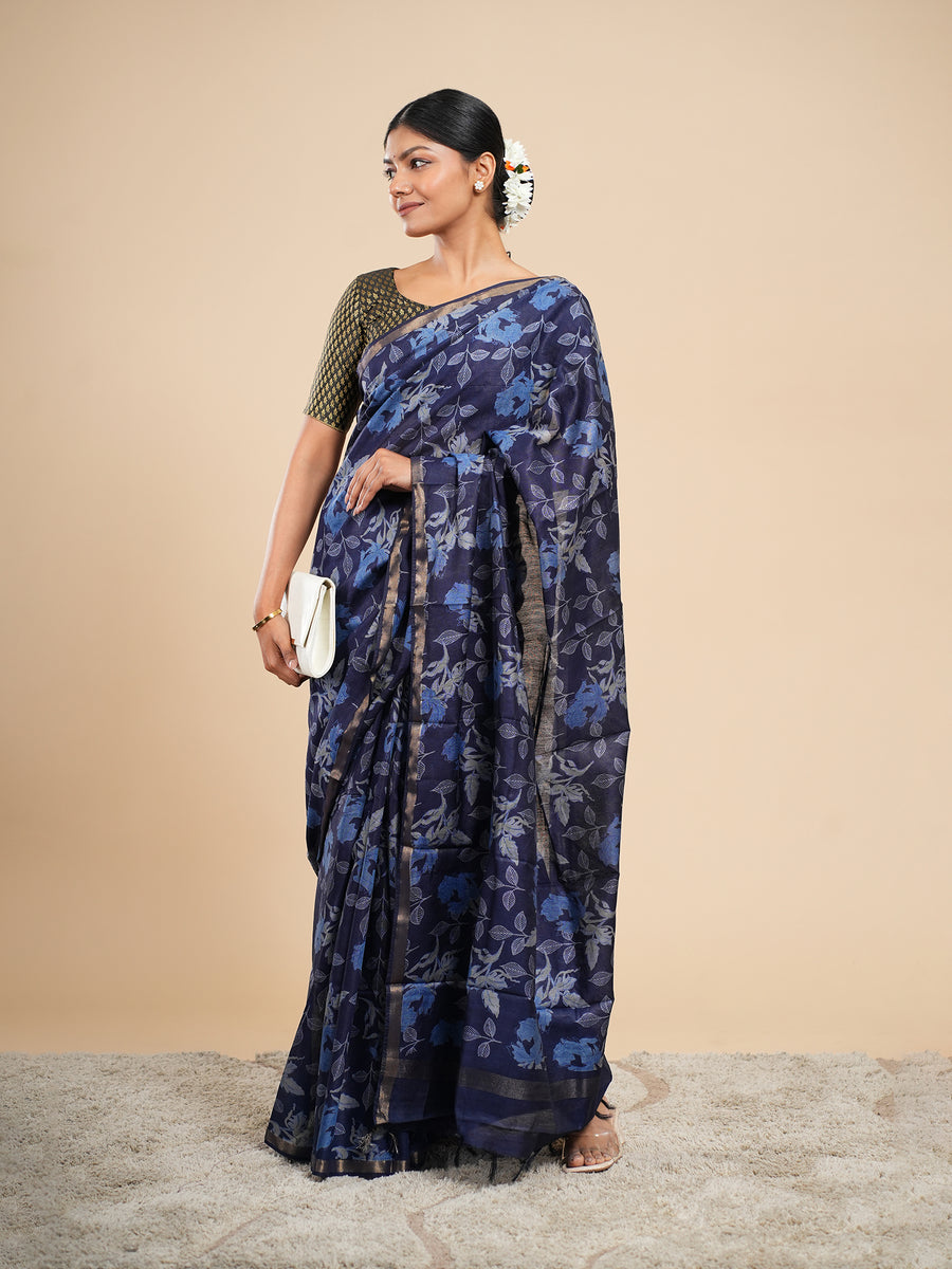 Midnight blue Chanderi block-print saree, fabric texture close-up – Koshnika
