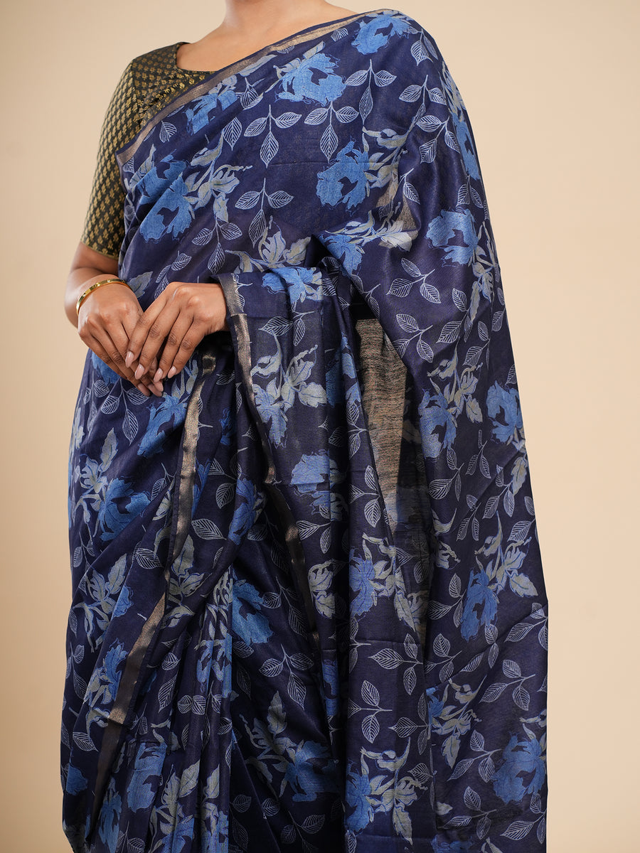 Midnight blue Chanderi block-print saree, styled view – Koshnika