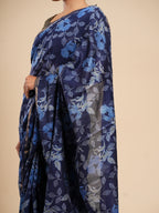 Midnight Blue Viscose Chanderi Block Print Saree