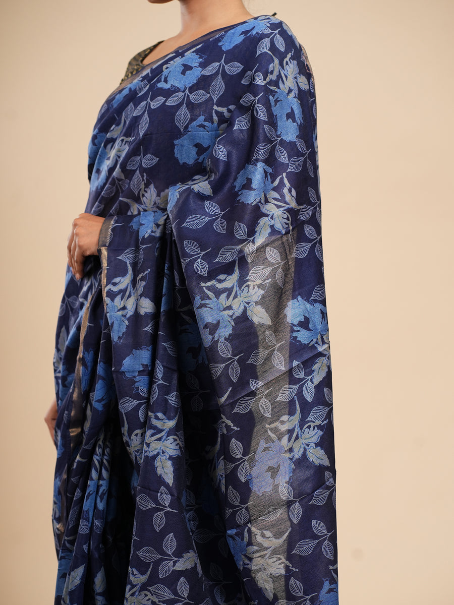 Midnight blue Chanderi block-print saree, back view – Koshnika