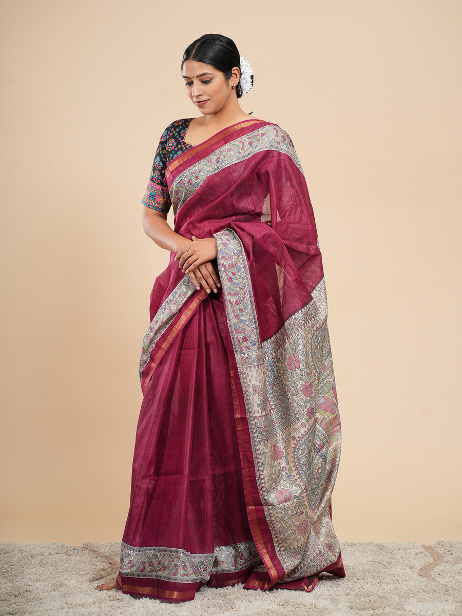 Deep maroon Vegan Silk Madhubani-print saree, drape and fall – Koshnika