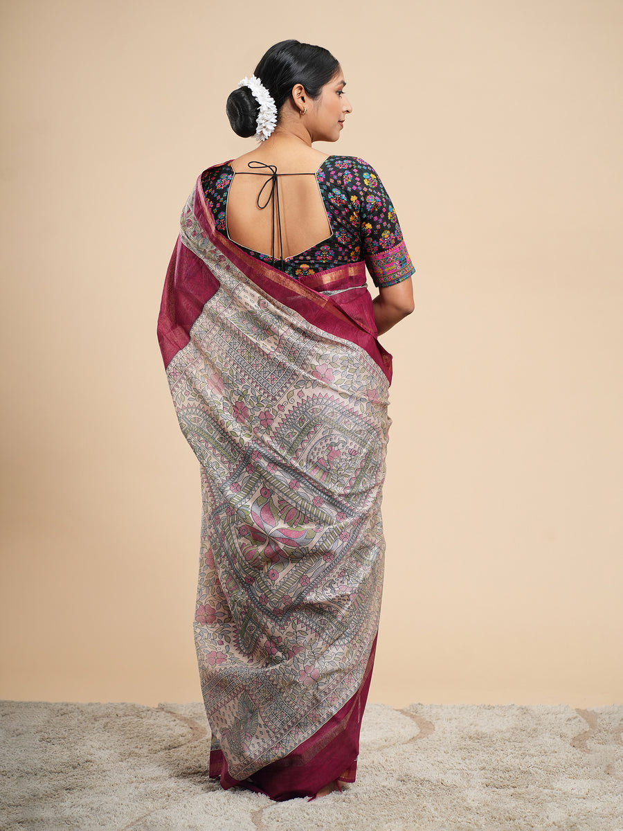 Deep maroon Vegan Silk Madhubani-print saree, border detail – Koshnika