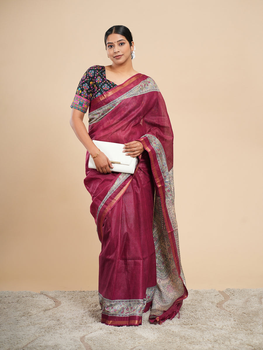 Deep maroon Vegan Silk Madhubani-print saree, Madhubani motif close-up – Koshnika