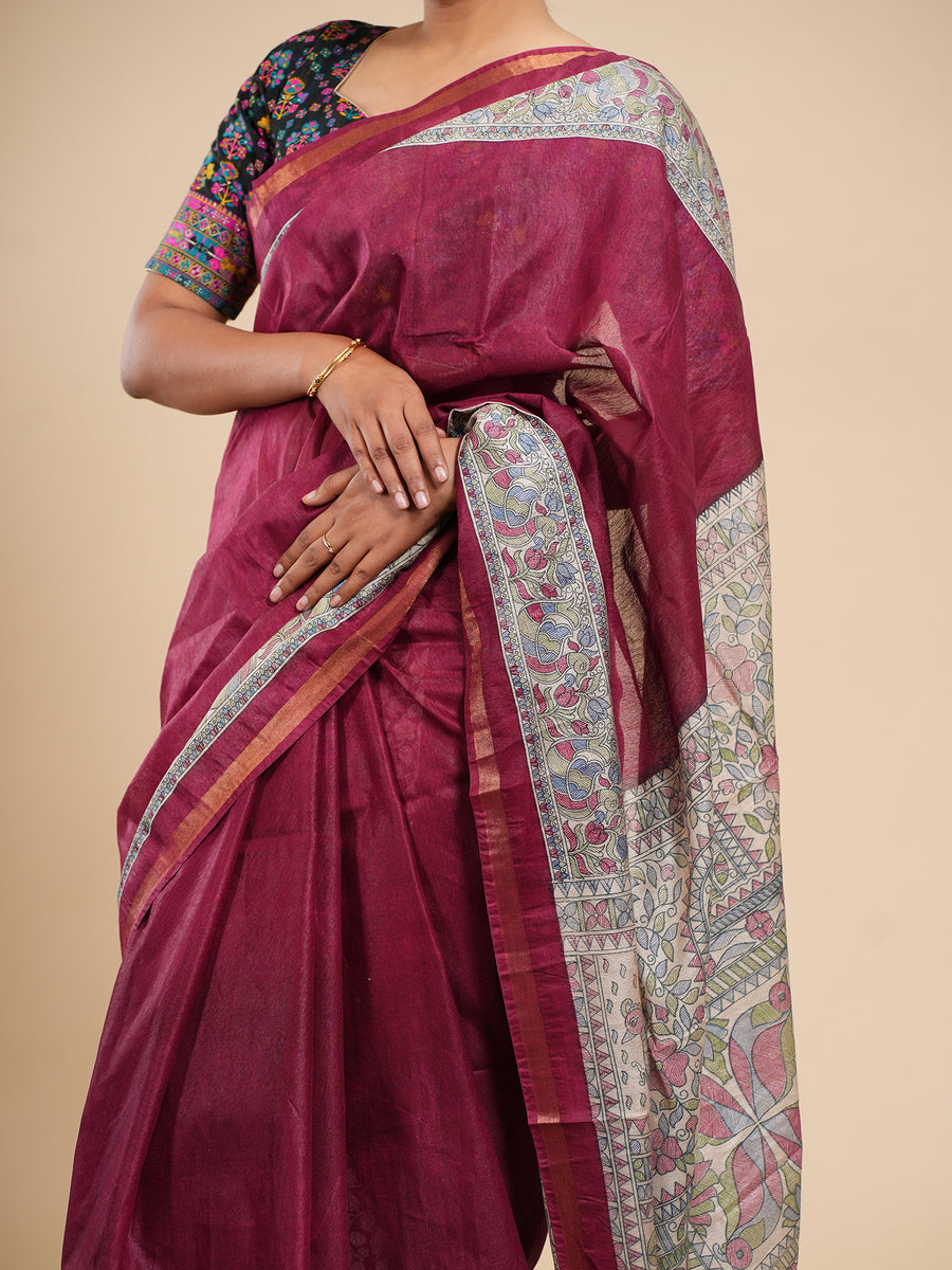 Deep maroon Vegan Silk Madhubani-print saree, viscose fabric texture close-up – Koshnika