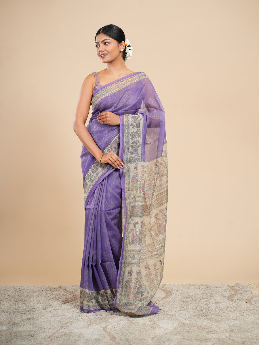 Lavender Tussar silk Madhubani-print saree – Koshnika