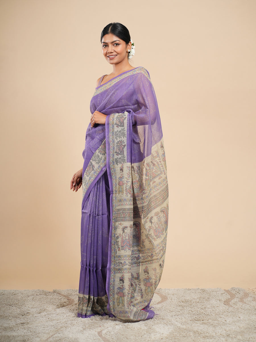 Lavender Tussar silk Madhubani-print saree, border detail – Koshnika