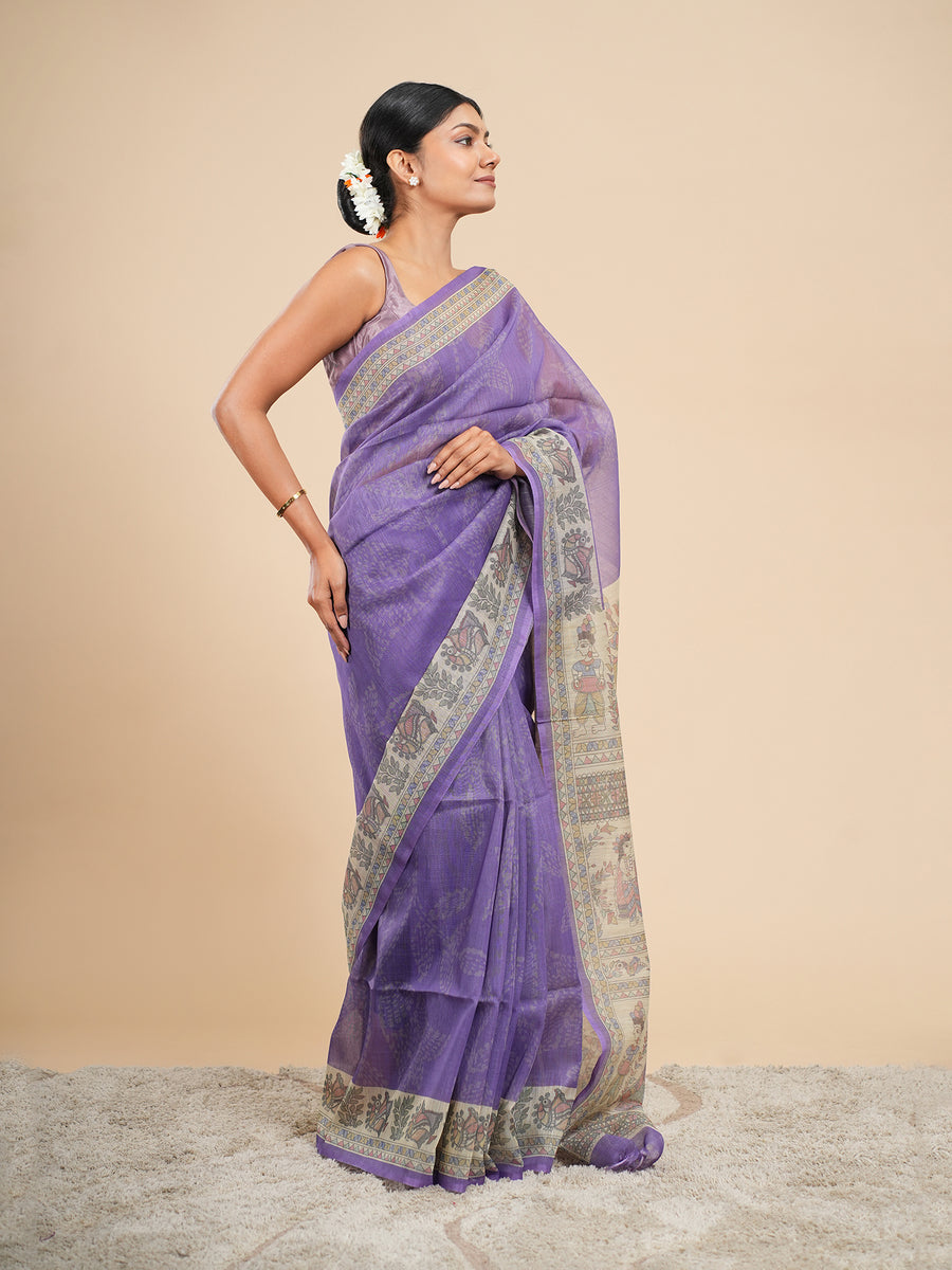 Lavender Tussar silk Madhubani-print saree, drape and fall – Koshnika