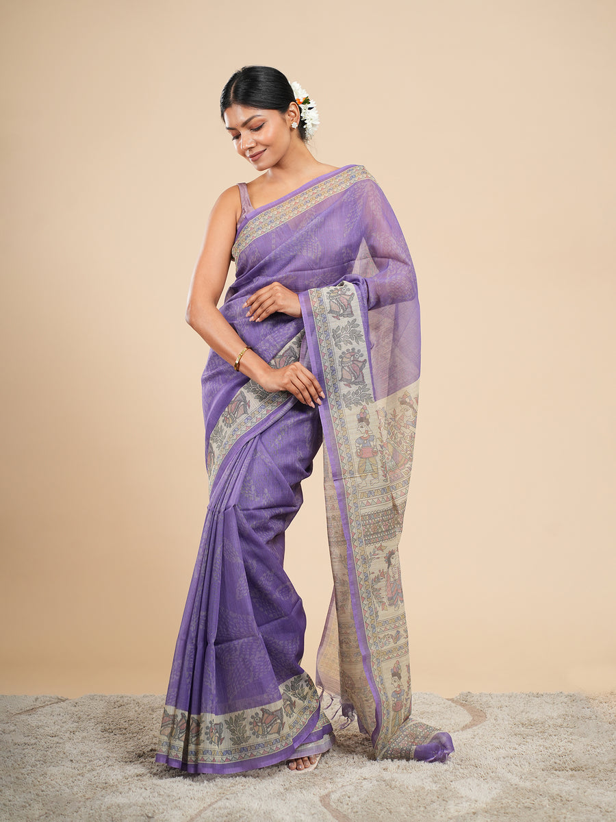 Lavender Tussar silk Madhubani-print saree, Madhubani motif close-up – Koshnika