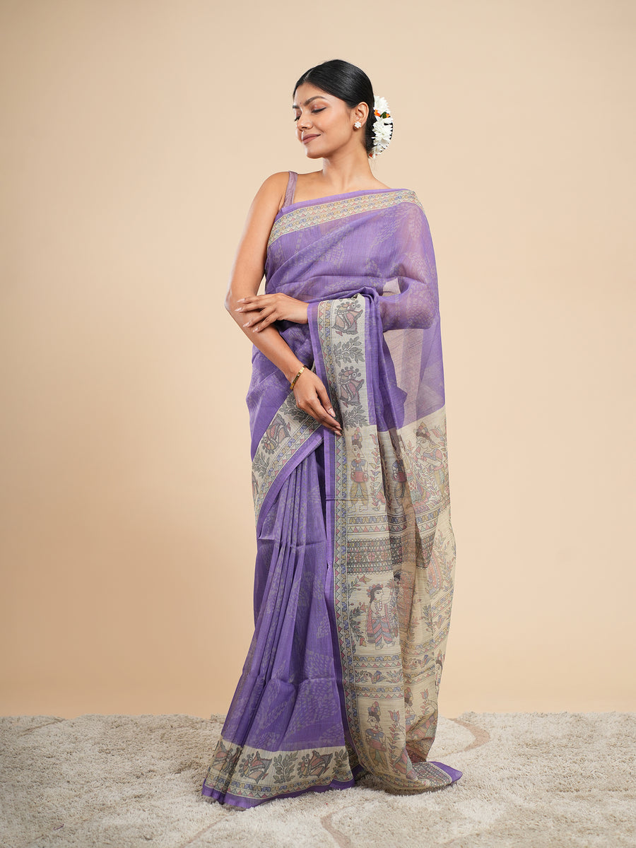 Lavender Tussar silk Madhubani-print saree, full-length drape – Koshnika