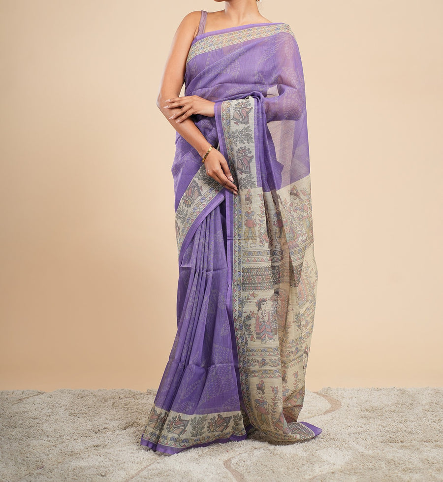 Lavender Tussar silk Madhubani-print saree, pallu detail – Koshnika
