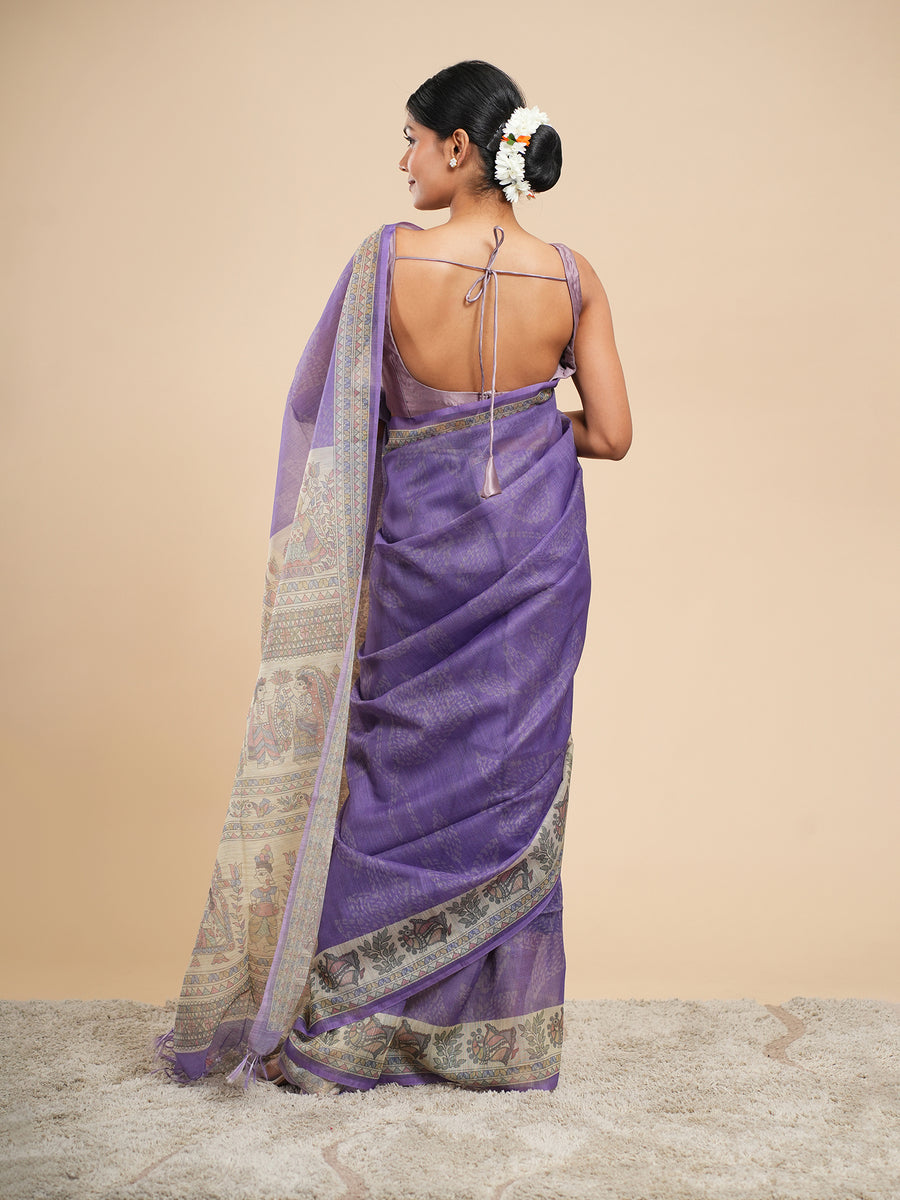 Lavender Tussar silk Madhubani-print saree, fabric texture close-up – Koshnika