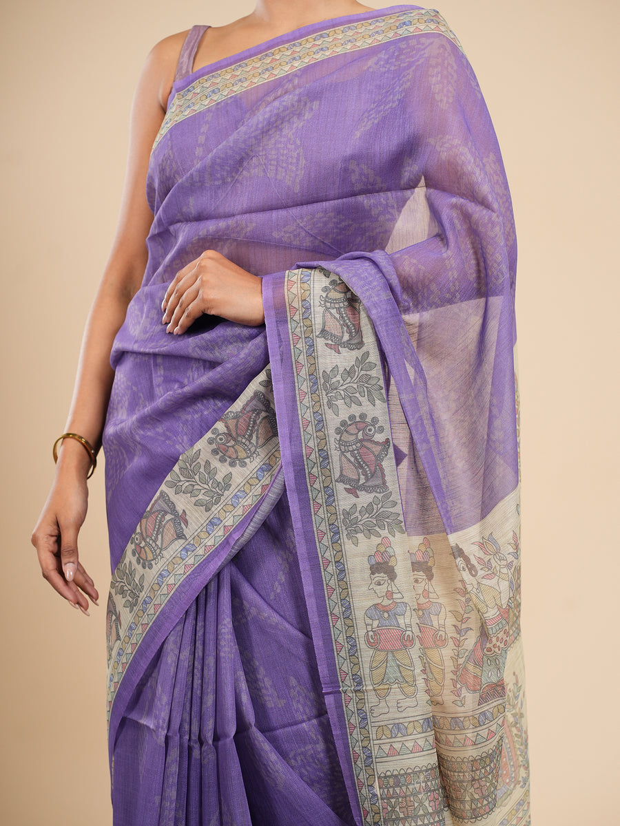 Lavender Tussar silk Madhubani-print saree, styled view – Koshnika