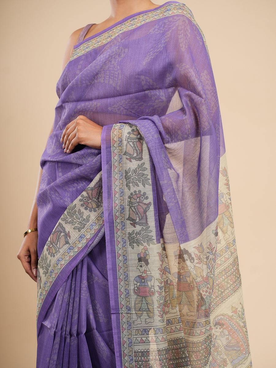 Lavender Tussar silk Madhubani-print saree, back view – Koshnika