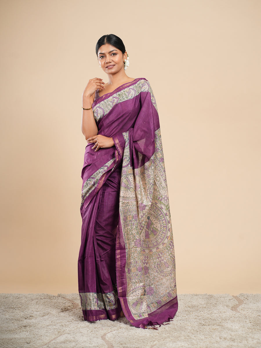 Plum Chanderi Madhubani-print saree – Koshnika