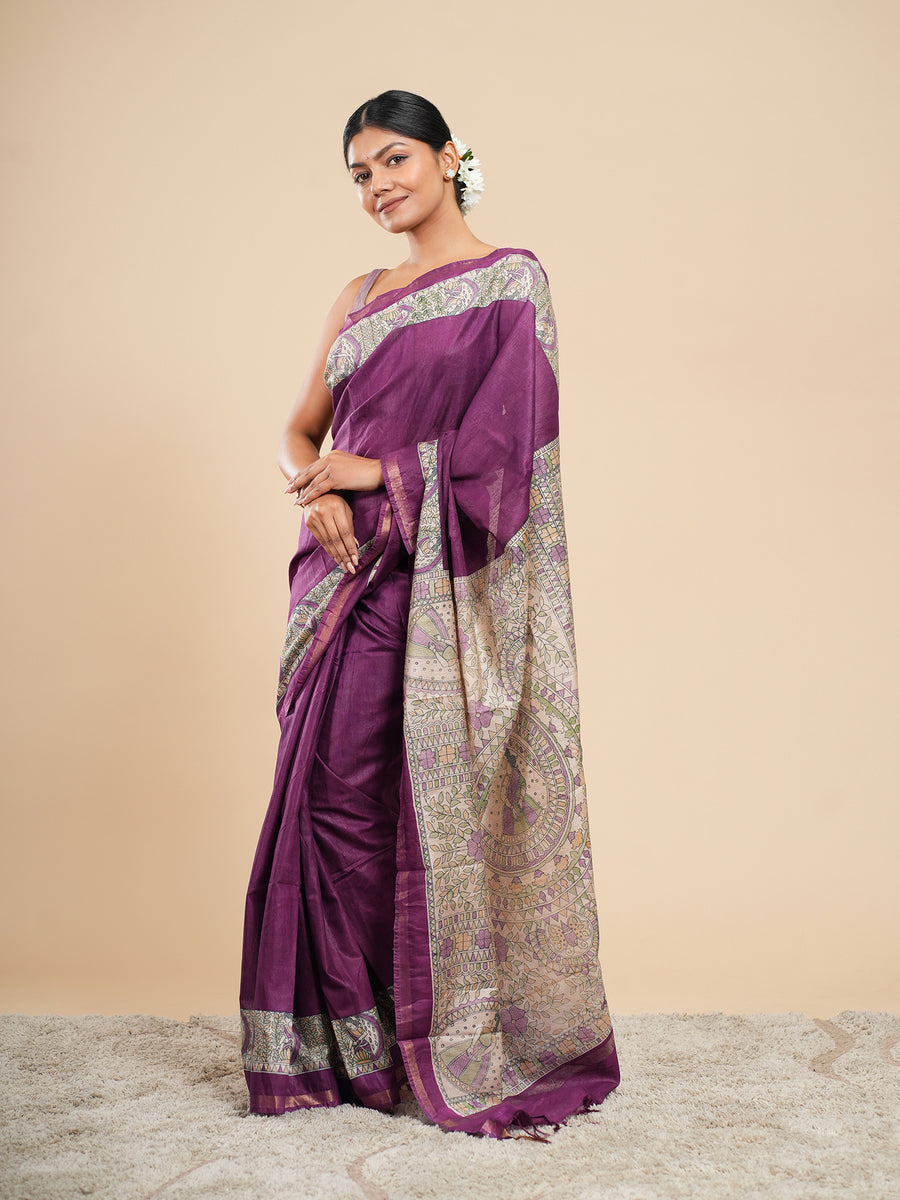 Plum Chanderi Madhubani-print saree, border detail – Koshnika