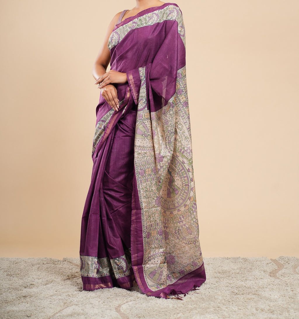 Plum Chanderi Madhubani Saree