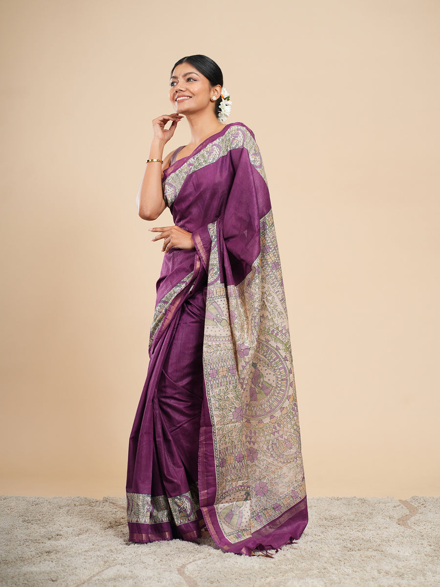 Plum Chanderi Madhubani-print saree, drape and fall – Koshnika