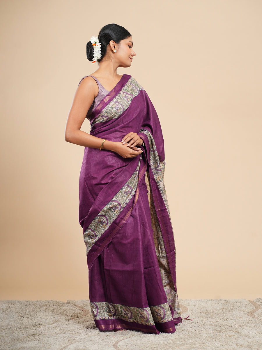 Plum Chanderi Madhubani-print saree, Madhubani motif close-up – Koshnika