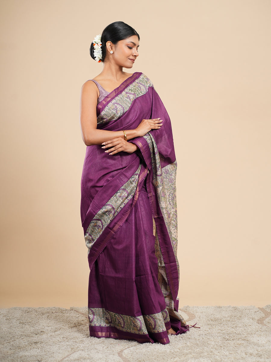 Plum Chanderi Madhubani-print saree, full-length drape – Koshnika