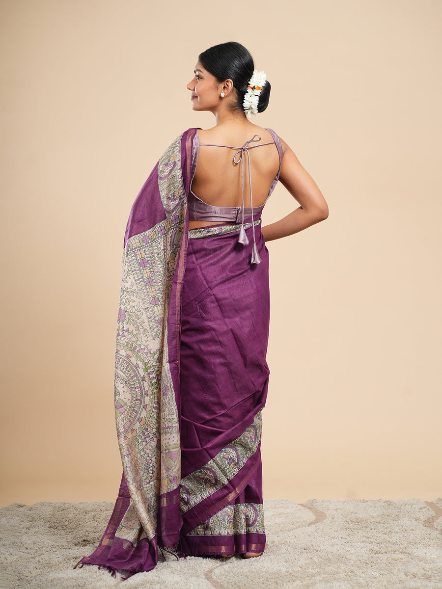 Plum Chanderi Madhubani-print saree, pallu detail – Koshnika