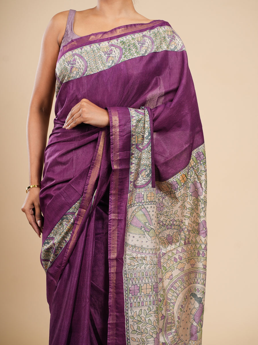 Plum Chanderi Madhubani-print saree, fabric texture close-up – Koshnika