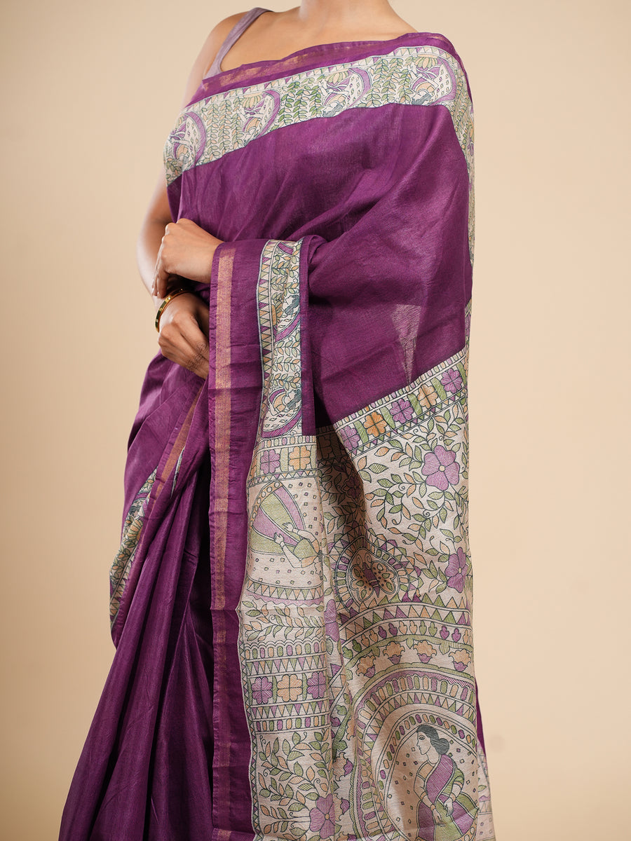 Plum Chanderi Madhubani-print saree, styled view – Koshnika