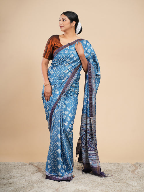 Metallic blue Modal abstract-print saree – Koshnika