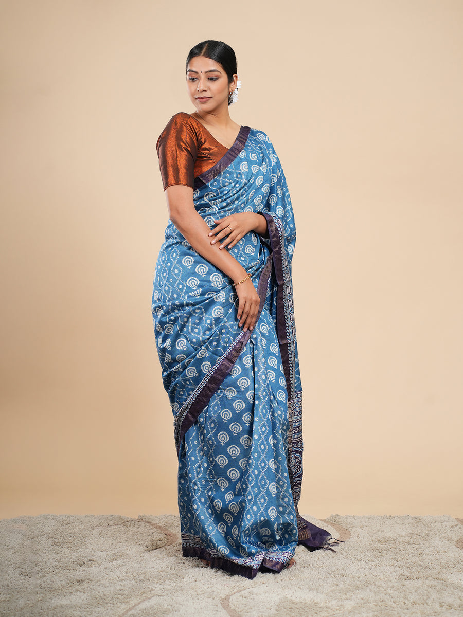 Metallic blue Modal abstract-print saree, border detail – Koshnika