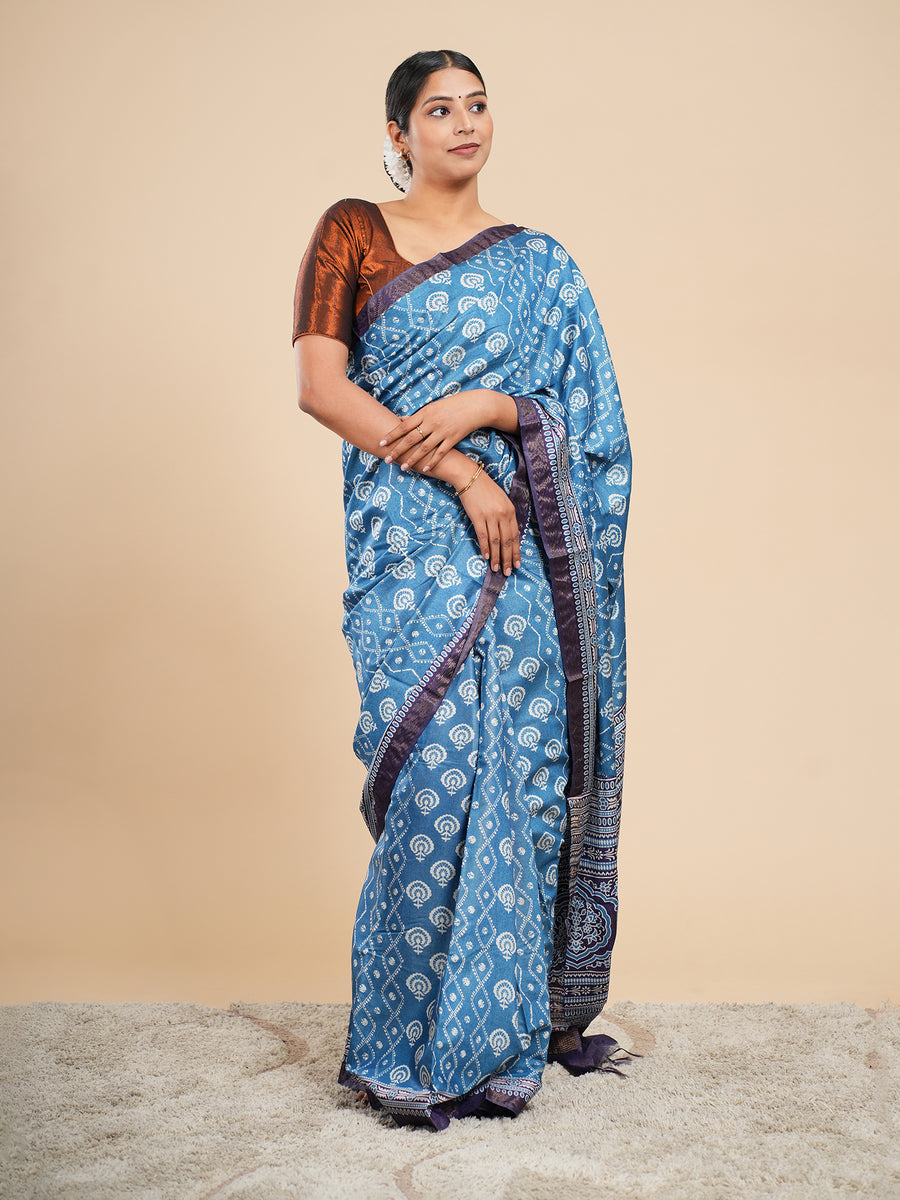 Metallic blue Modal abstract-print saree, drape and fall – Koshnika