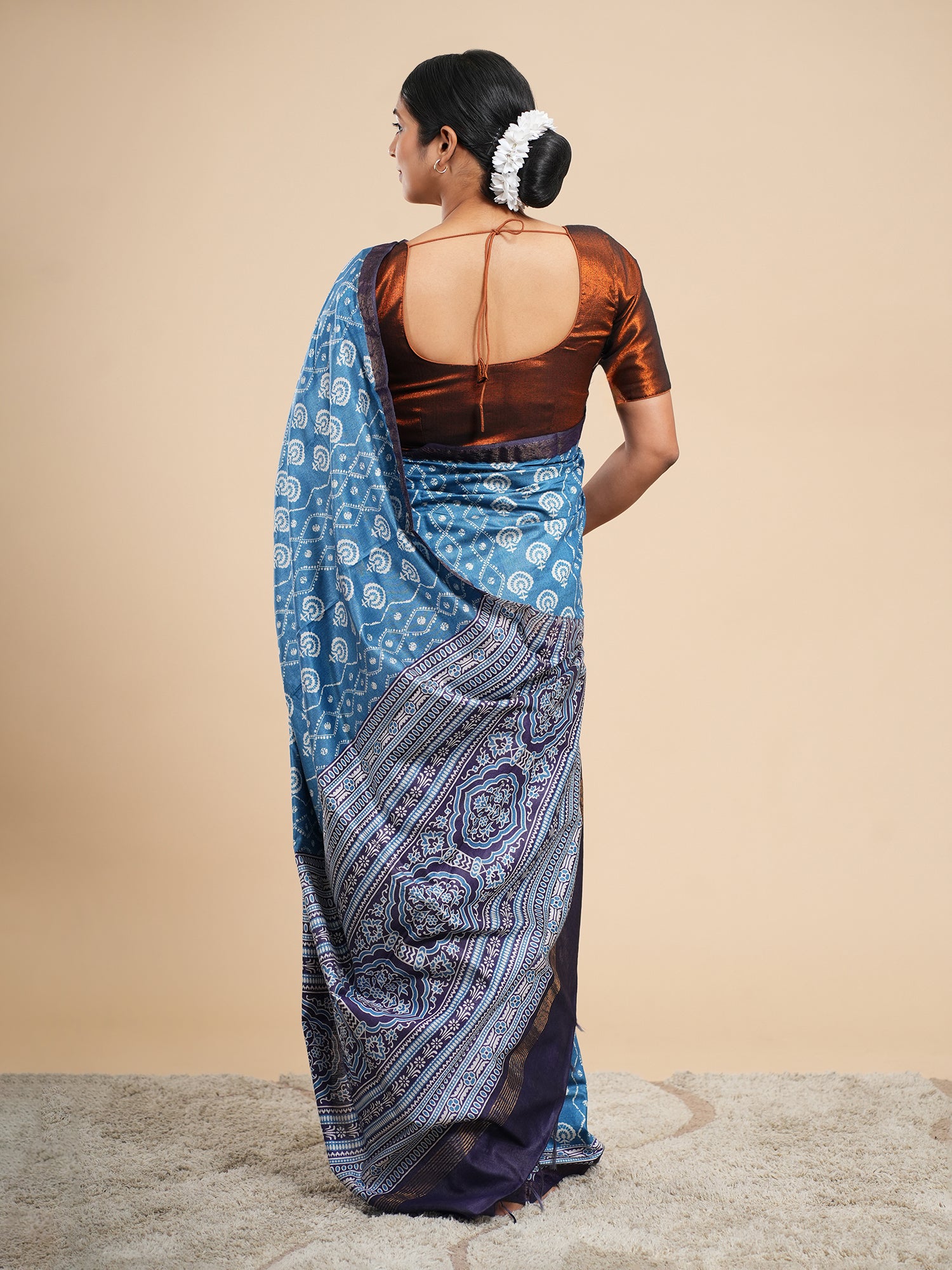 Modal Abstract Print Saree Metallic Blue