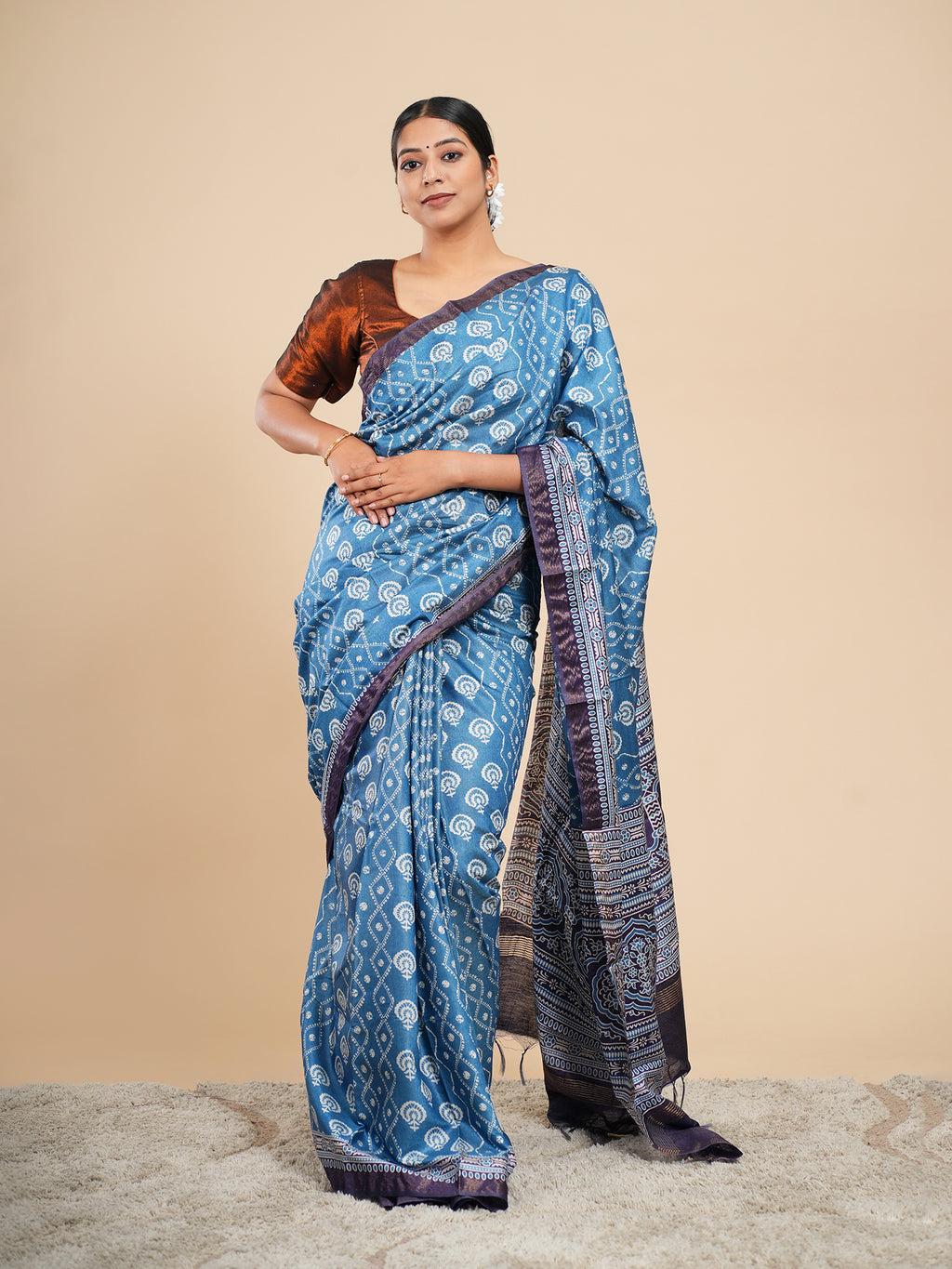 Modal Abstract Print Saree Metallic Blue